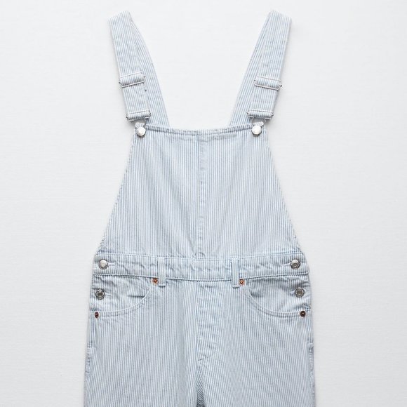 Zara Pin Striped Light Blue Denim Jumpsuit Ankle Straight Leg Overall Pant M - Picture 4 of 9